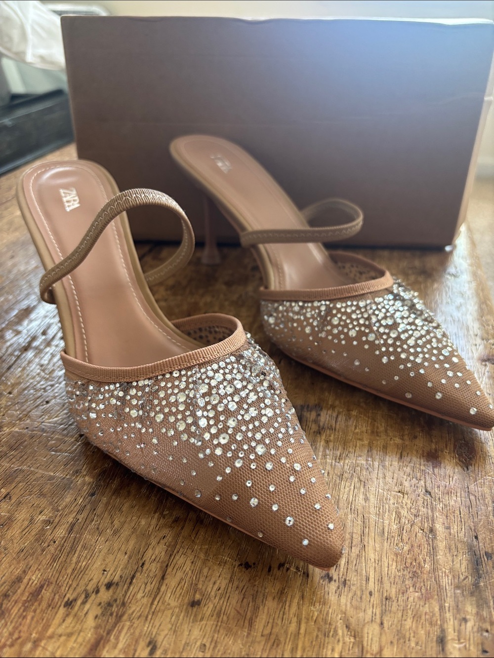 Zara Tan Crystal-Embellished Pointed Slingback Mules
